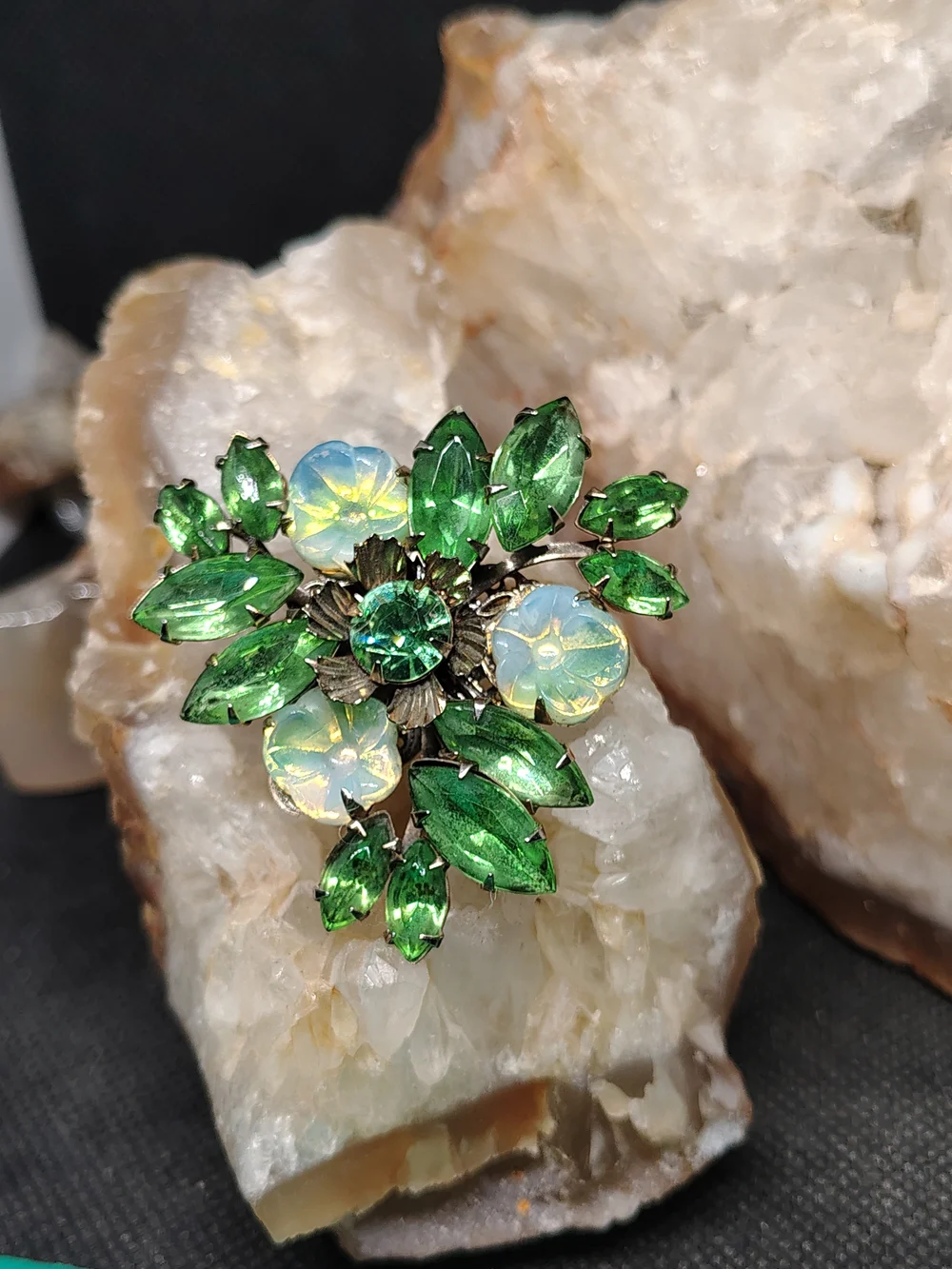 Vintage Floral Green and Opalescent Gold Tone Brooch